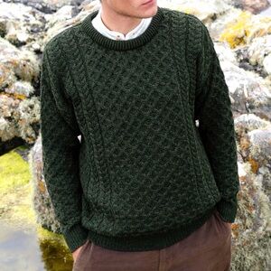 100% Irish Wool Green Knit Sweater Country Knitwear Aran Fisherman Cottage